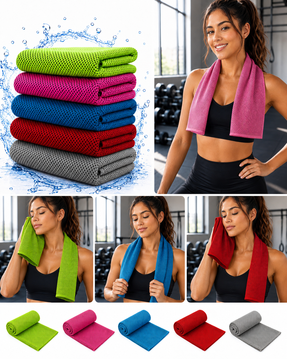 Montagem de fotos com toalhas refrescantes Eisfit em várias cores, em uso no treino